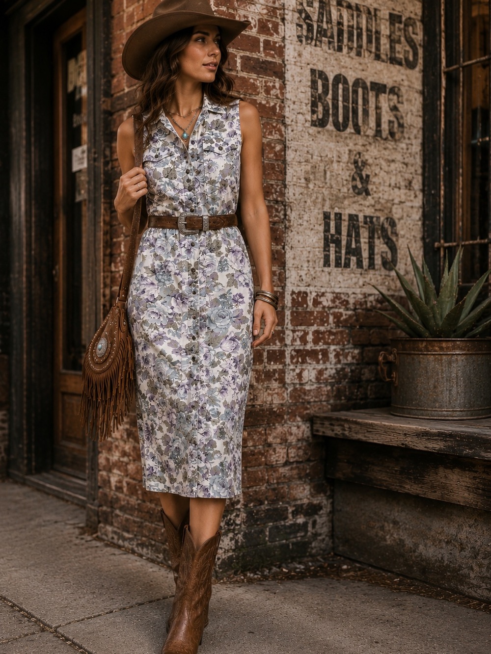 Vintage 90s Floral Button-Front Midi button-down dress/Western Lavender& Sage